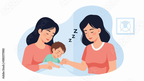Two mothers lovingly watch over their sleeping child, promoting a sense of calm