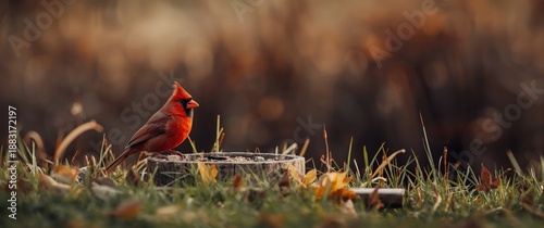 A red cardinal bird sitting on a bird feeder during fall