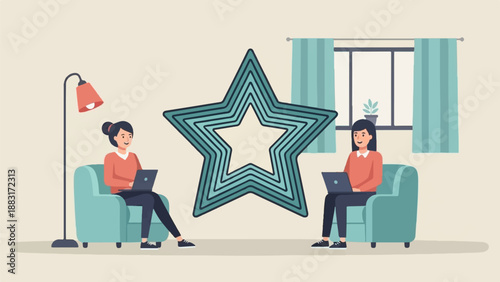 Two individuals using laptops while seated on armchairs, with a star graphic