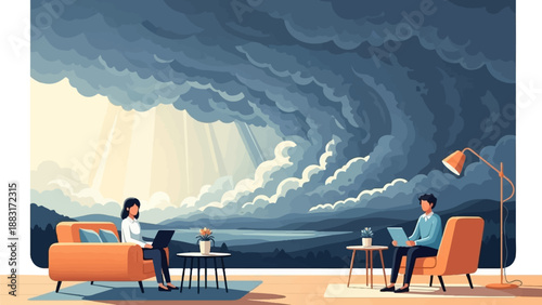 Two individuals work on laptops indoors, with dramatic clouds and sunlight visible outside