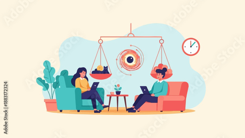 Two individuals work on laptops near a balancing scale with pets and fruit