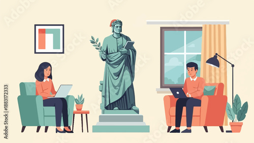 Two individuals work on laptops in a living room with a statue