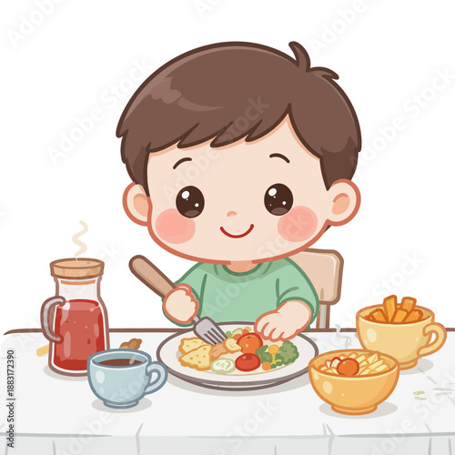 Cheerful cartoon boy enjoying a healthy and delicious meal with various foods and drinks, a cute illustration of a happy child eating dinner or lunch