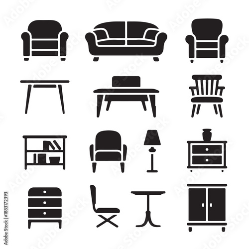 Furniture icons set including sofa armchair table chair bookshelf lamp and dresser silhouettes for interior design home decor office planning layout isolated on transparent background illustration