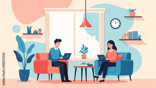 Two individuals working remotely on laptops in a comfortable, modern living space