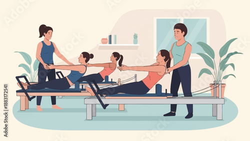 Two instructors guide women through a pilates reformer class