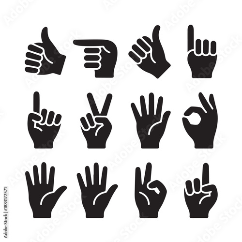 Hand gestures set showing various signals like thumbs up pointing victory ok sign and open palm counting fingers for communication concept isolated on transparent background vector illustration