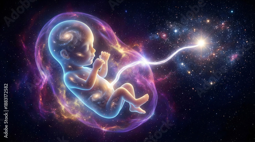 Cosmic Genesis: Glowing Human Embryo Developing Inside a Stardust Nebula Womb