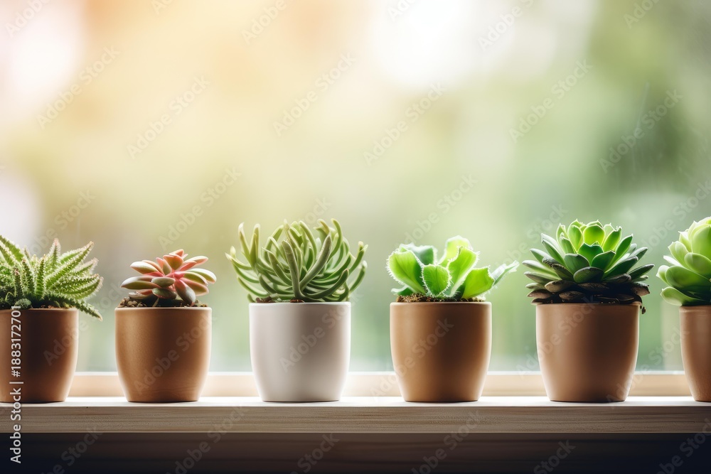 Obraz premium Succulent plants in pots receiving sunlight indoors providing natural home decor