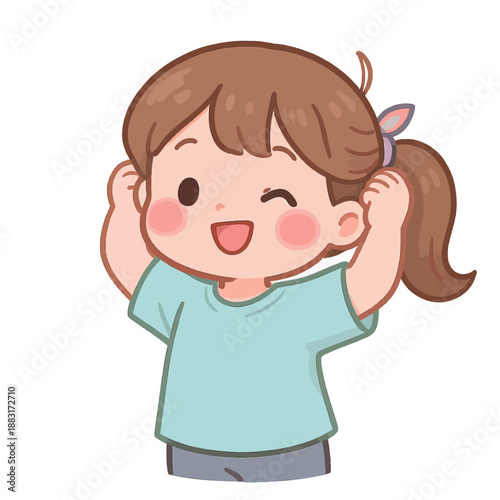 Sweet animated girl character with a cheerful wink and a big happy smile, radiating innocent joy and playful charm in a simple, delightful illustration
