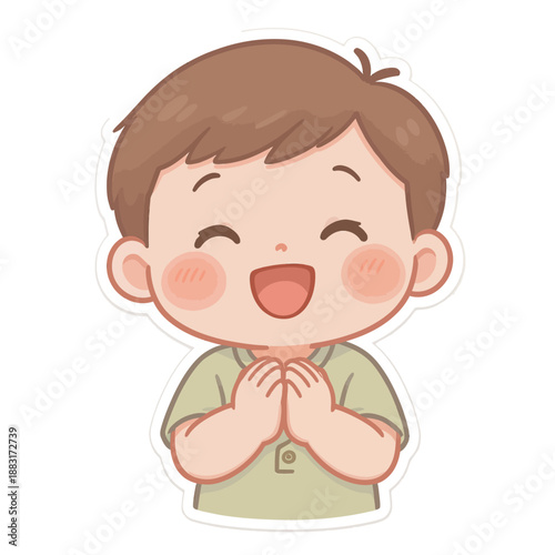 Happy child with clasped hands and joyful expression, conveying gratitude and excitement