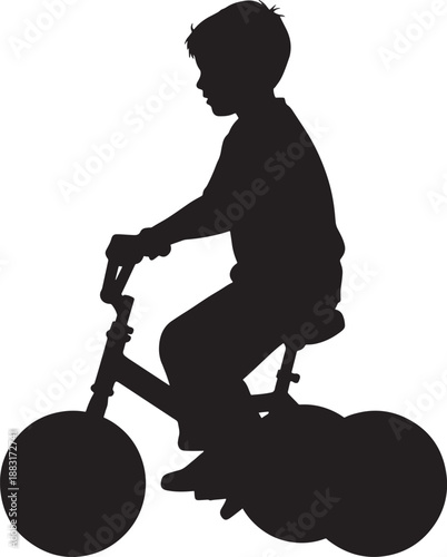 Silhouette of a child riding a tricycle against a white background