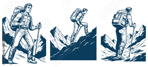 Vintage Hiker Climbing Mountain Set. Retro Adventure Mountaineering Man with Backpack and Trekking Poles. Engraving style vector graphic design.