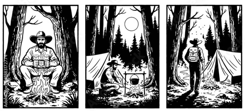Vintage camping scenes triptych. Man hiking, cooking, and resting by campfire and tent in forest woods. Retro outdoor graphic illustration.