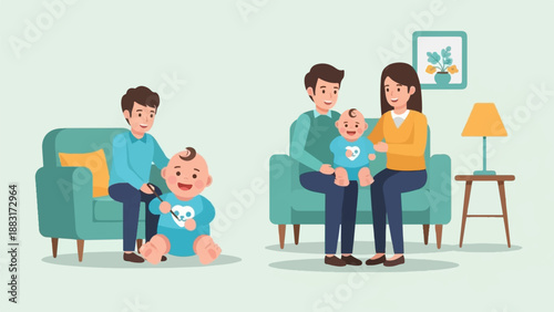 Two families with babies enjoying downtime on sofas in a room