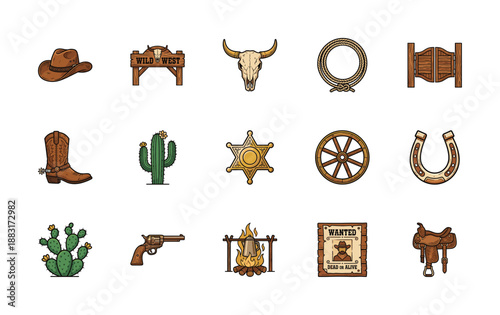 Vintage Line Art Wild West Cowboy Graphic Element Kit for Frontier Lifestyle Branding and Design