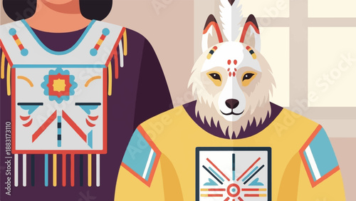 Two figures in ornate tribal clothing, one a human, one a wolf-like creature