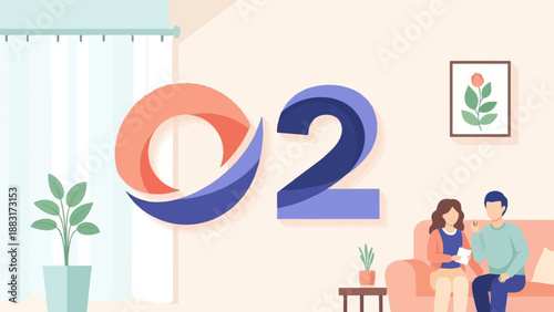 Two figures on a sofa with a large abstract numeral design in background