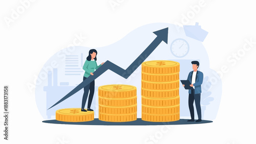 Two figures interact with rising stacks of coins and an upward trending arrow