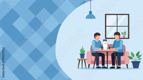 Two men and a cat relax on a couch in a room with plants