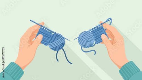 Two hands knitting blue yarn on needles, symmetrical composition