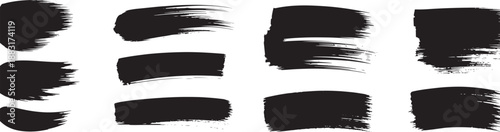 Multiple black paint brush strokes with distinct textures arranged horizontally on a pure white surface
