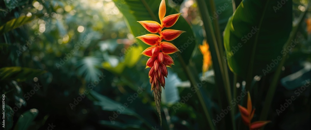 Fototapeta premium Known as Heliconia rostrata, hanging lobster claw, or false bird of paradise, this flower attracts numerous birds, particularly hummingbirds.