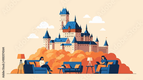 Two individuals relax in cozy armchairs before a whimsical castle