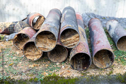 Gros plan sur l'intérieur de vieilles canalisations d’évacuation d'eau. Les tuyaux sont obstrués, leurs intérieurs sont remplis de couches de calcaire comme un millefeuille.