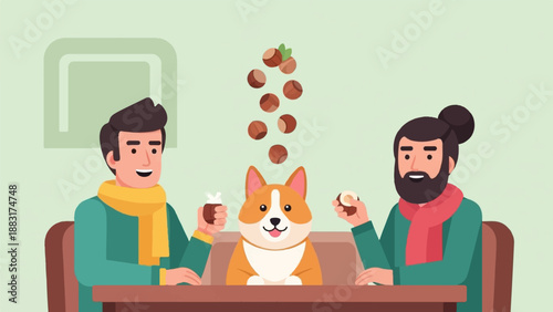Two men and a dog share nuts while sitting at a table