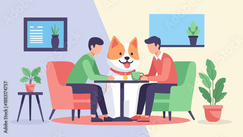 Two men and a dog sit at a table, enjoying drinks and plants