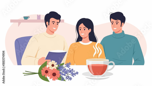 Two men and one woman share a moment over tea and flowers