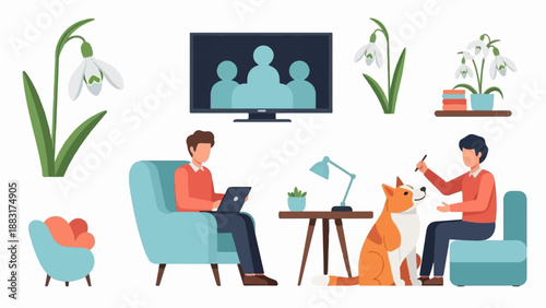 Two men and dog in room with flowers and computer