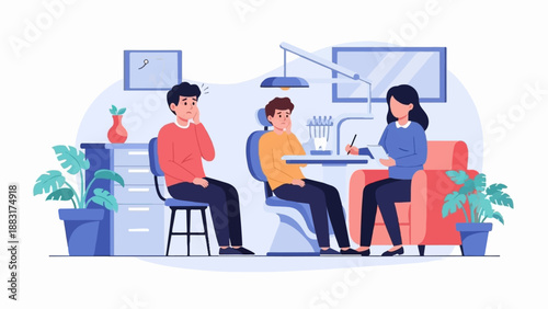 Two men appear distressed in a dentist's office while a professional takes notes