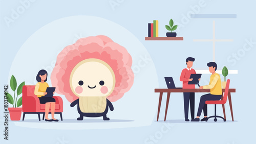 Two men collaborate at a desk while a woman sits nearby with a plant