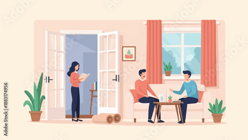 Two men converse while a woman reads near an open doorway