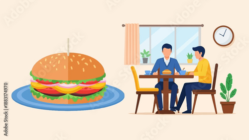 Two men eating at a table next to a large burger