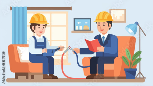 Two men in hard hats work on wires inside a room