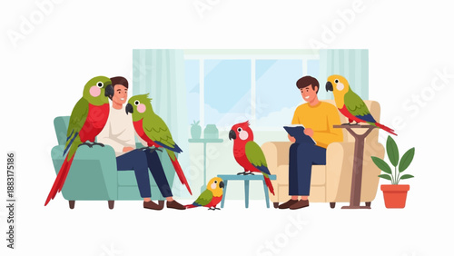 Two men relax at home with several colorful parrots perched around them