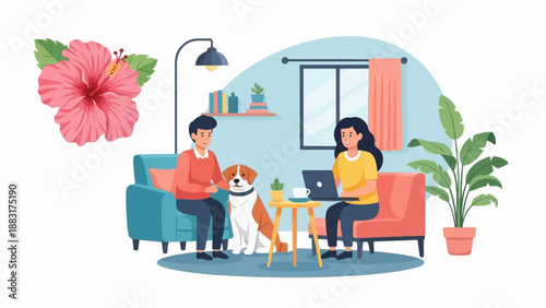 Two people and dog relax in living room with tropical flower
