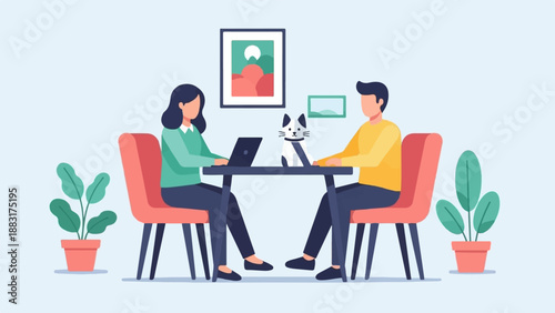 Two people and a cat work at a table with laptops, plants in pots around