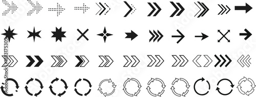 Black arrow icons and loading symbols vector set. Modern navigation pointers, direction signs and refresh indicators for UI design, websites and mobile apps.