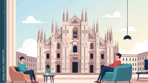 Two men relax on sofas with a grand cathedral view