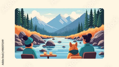 Two people and a dog enjoy coffee by a mountain stream