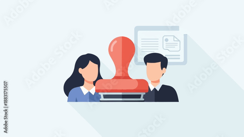 Two people approving a document with a large stamp