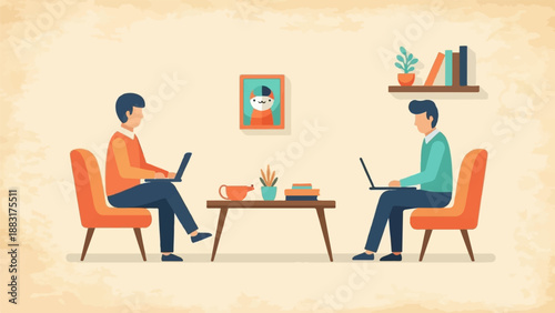 Two men sitting in chairs working on laptops at a table