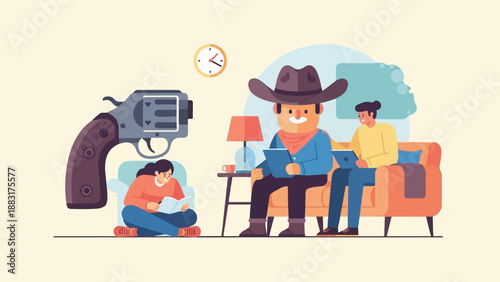 Two men watch a cowboy read a book while a gun looms over a reading woman