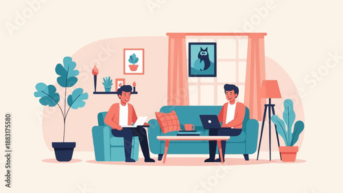 Two men with laptops sitting on a sofa in a cozy room with plants