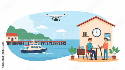 Two men work on a laptop near a dock with a boat and drone