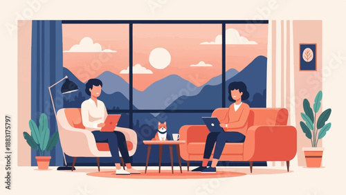 Two people and a dog relax indoors with a scenic mountain sunset view